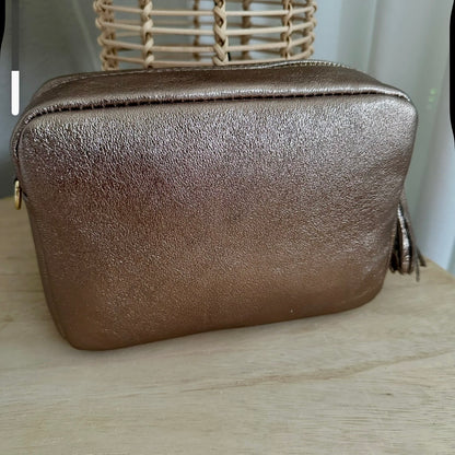 Lederen crossbody tas Brons ‘Tassel’ met gouden ritsje