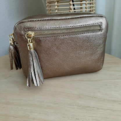 Lederen crossbody tas Brons ‘Tassel’ met gouden ritsje