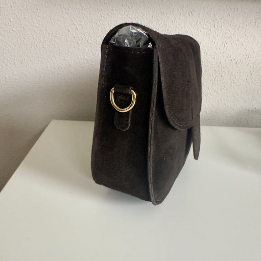 Schoudertas ‘Maan’ suède leder donkerbruin