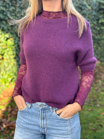 Kanten top Prune lange mouw (dieprood/paars)