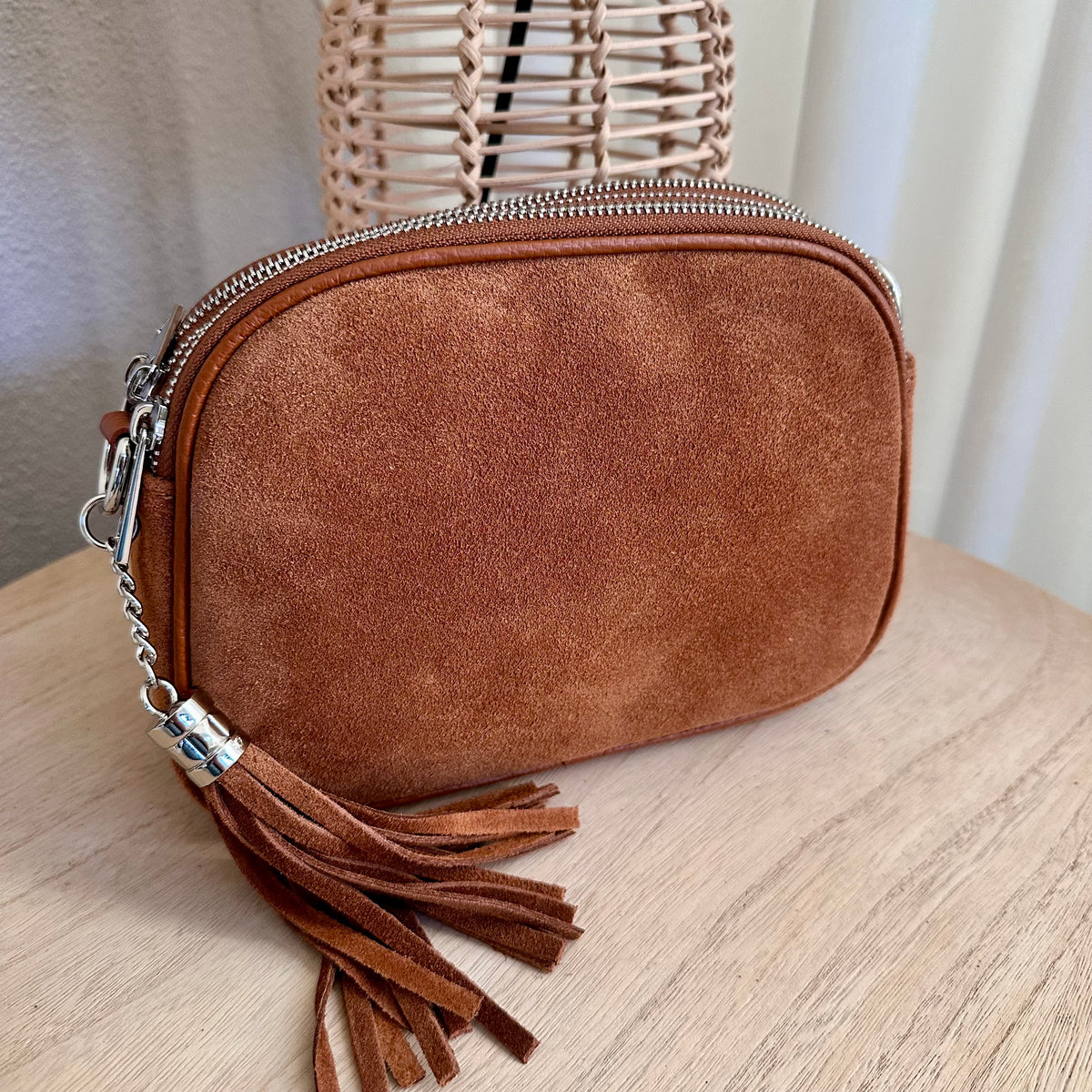 Suède drie rits tas Cognac kleur