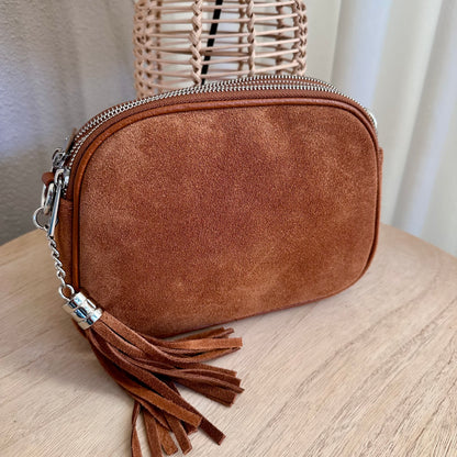 Suède drie rits tas Cognac kleur