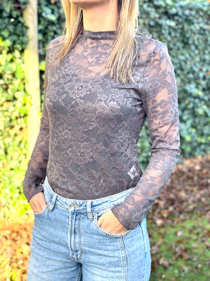 Kanten top Mid-Grijs lange mouw