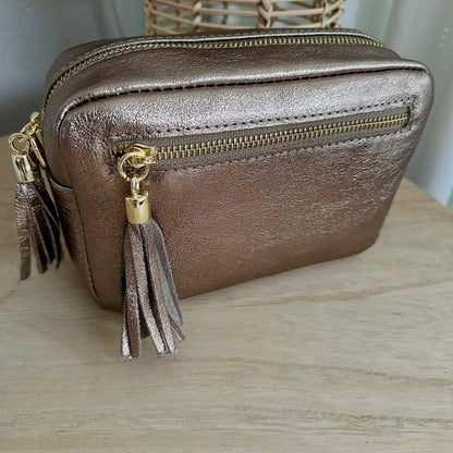 Lederen crossbody tas Brons ‘Tassel’ met gouden ritsje
