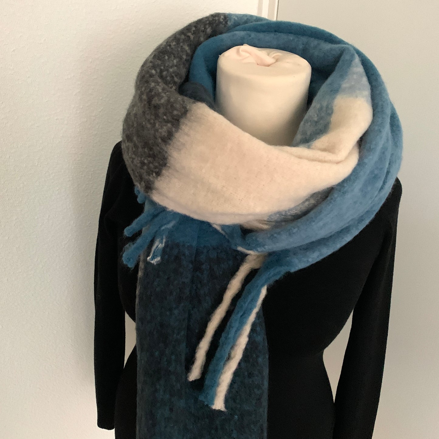 Sjaal Recht met franjes Blauw/Ecru/Zwart