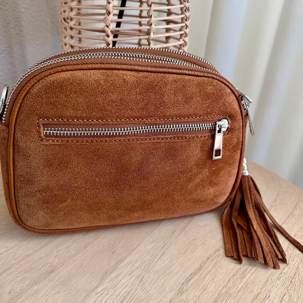 Suède drie rits tas Cognac kleur