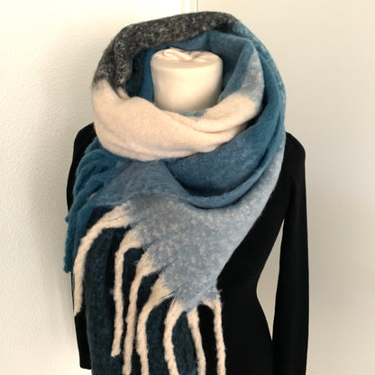 Sjaal Recht met franjes Blauw/Ecru/Zwart