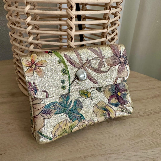 Italiaans leder portemonnee Metallic Goud Bloem (vlinder/libelle)