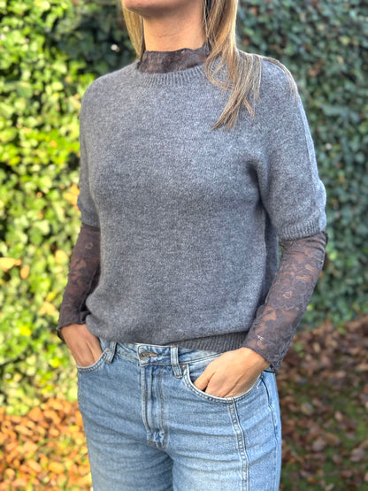 Kanten top Mid-Grijs lange mouw