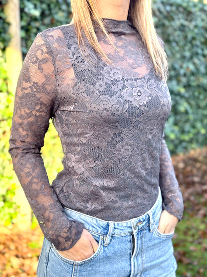 Kanten top Mid-Grijs lange mouw