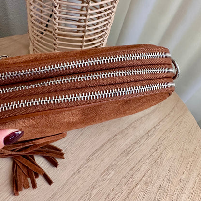 Suède drie rits tas Cognac kleur