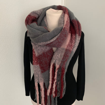 Sjaal recht Burgundy/Grijs/Roze met franjes