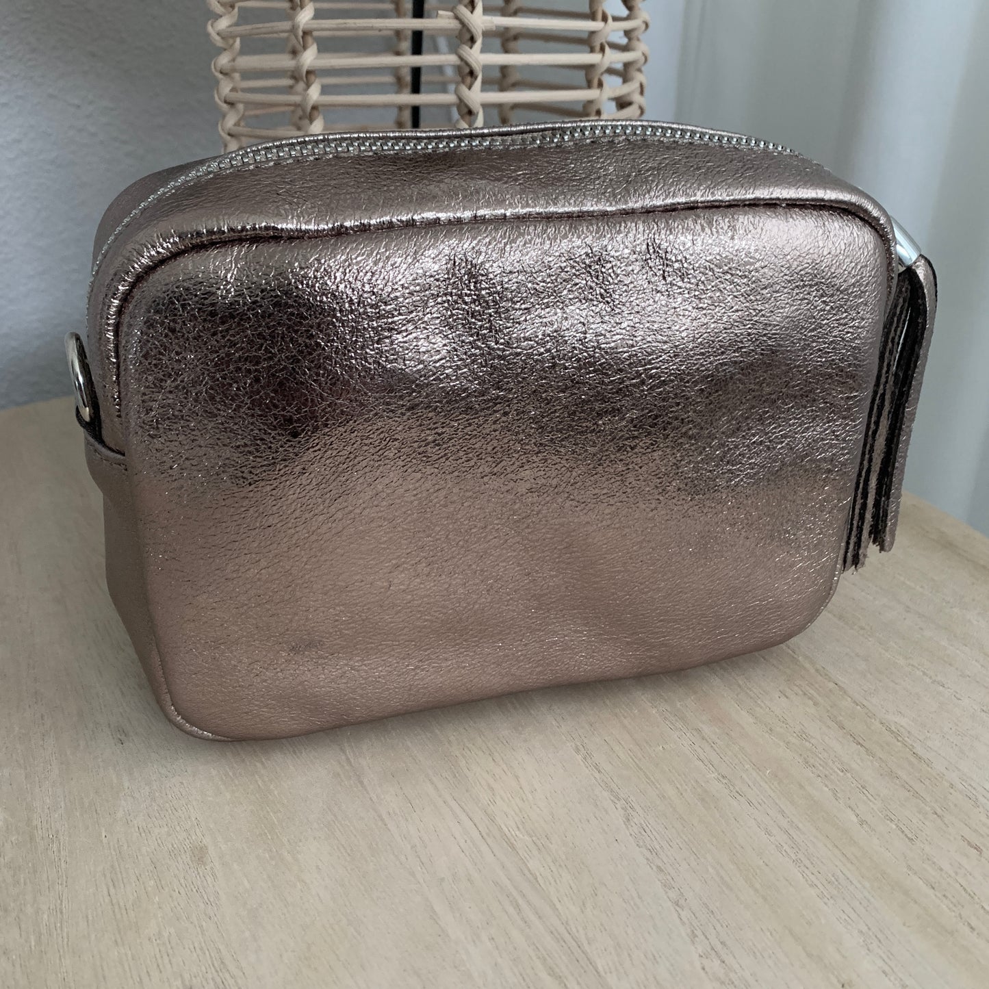 Lederen crossbody tas Brons 'Tassel' met zilveren ritsje