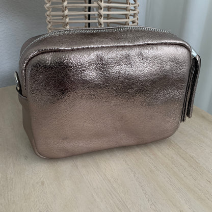 Lederen crossbody tas Brons 'Tassel' met zilveren ritsje