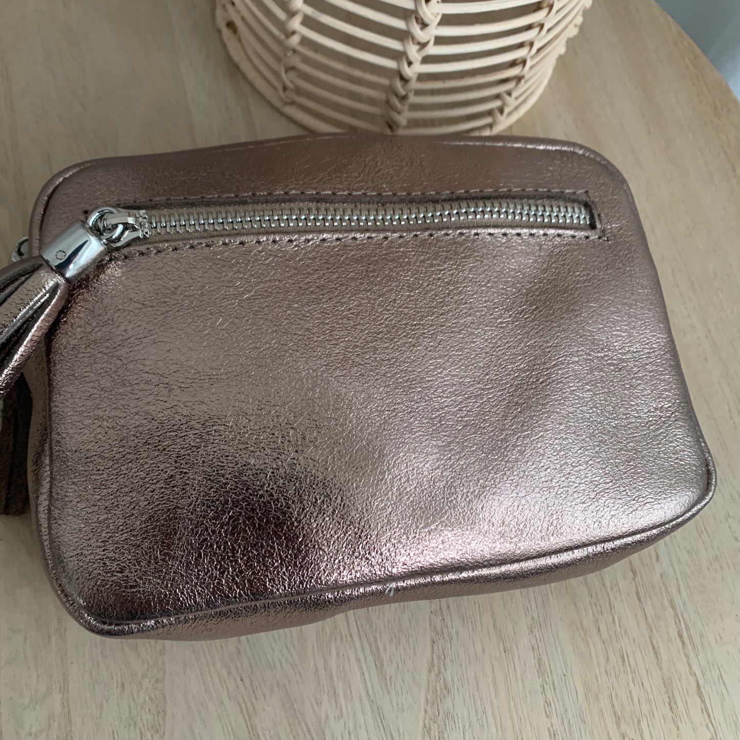 Lederen crossbody tas Brons 'Tassel' met zilveren ritsje