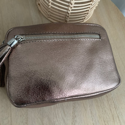 Lederen crossbody tas Brons 'Tassel' met zilveren ritsje