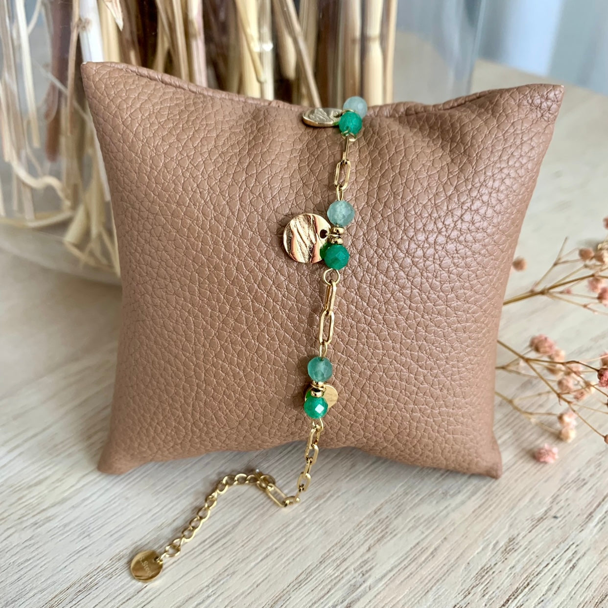 Armbandje schakelketting met coins en glaskralen-Groen-Goud