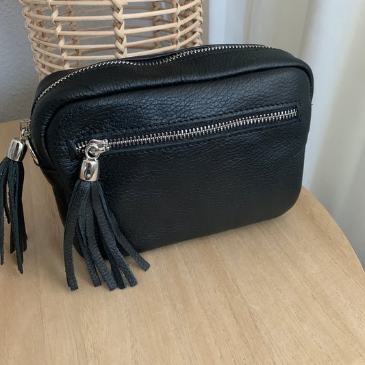 Lederen crossbody tas ‘Tassel’ zilveren rits