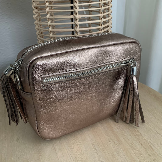 Lederen crossbody tas Brons 'Tassel' met zilveren ritsje