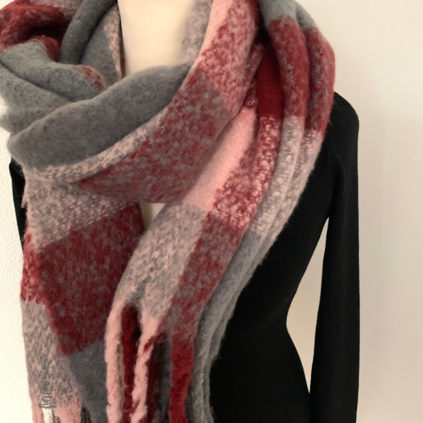 Sjaal recht Burgundy/Grijs/Roze met franjes