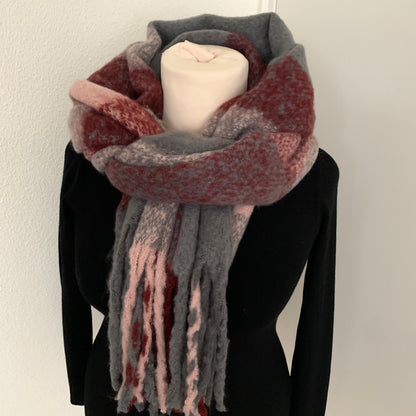 Sjaal recht Burgundy/Grijs/Roze met franjes