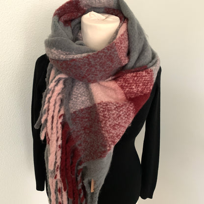 Sjaal recht Burgundy/Grijs/Roze met franjes