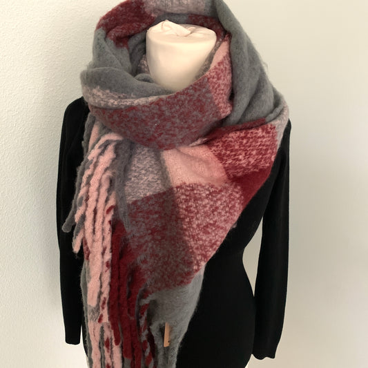 Sjaal recht Burgundy/Grijs/Roze met franjes
