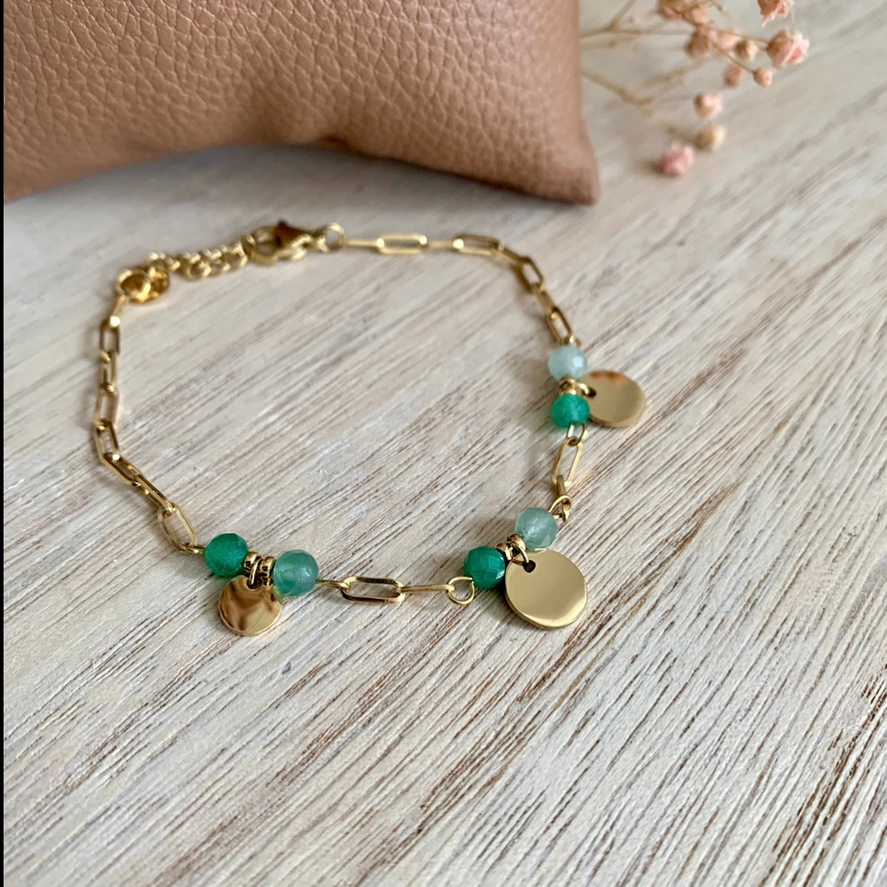 Armbandje schakelketting met coins en glaskralen-Groen-Goud