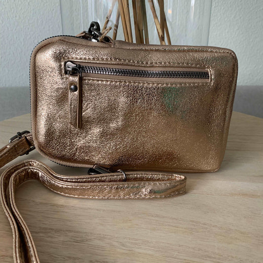 Telefoontasje/schoudertasje 'Blitz' Champagne/Roségoud metallic inclusief twee banden