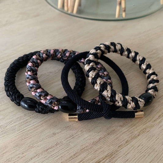 Setje van 4 haarelastiekjes/armbandjes Zwart/Beige