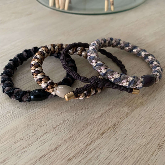 Setje van 4 haarelastiekjes/armbandjes Zwart/Bruin/Beige