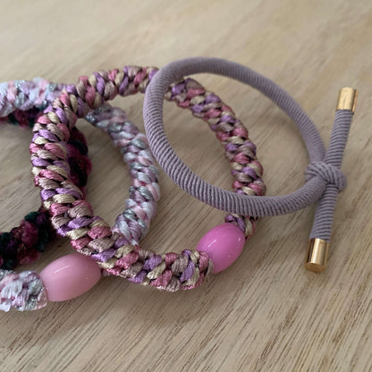 Setje van 4 haarelastiekjes/armbandjes Aubergine/roze