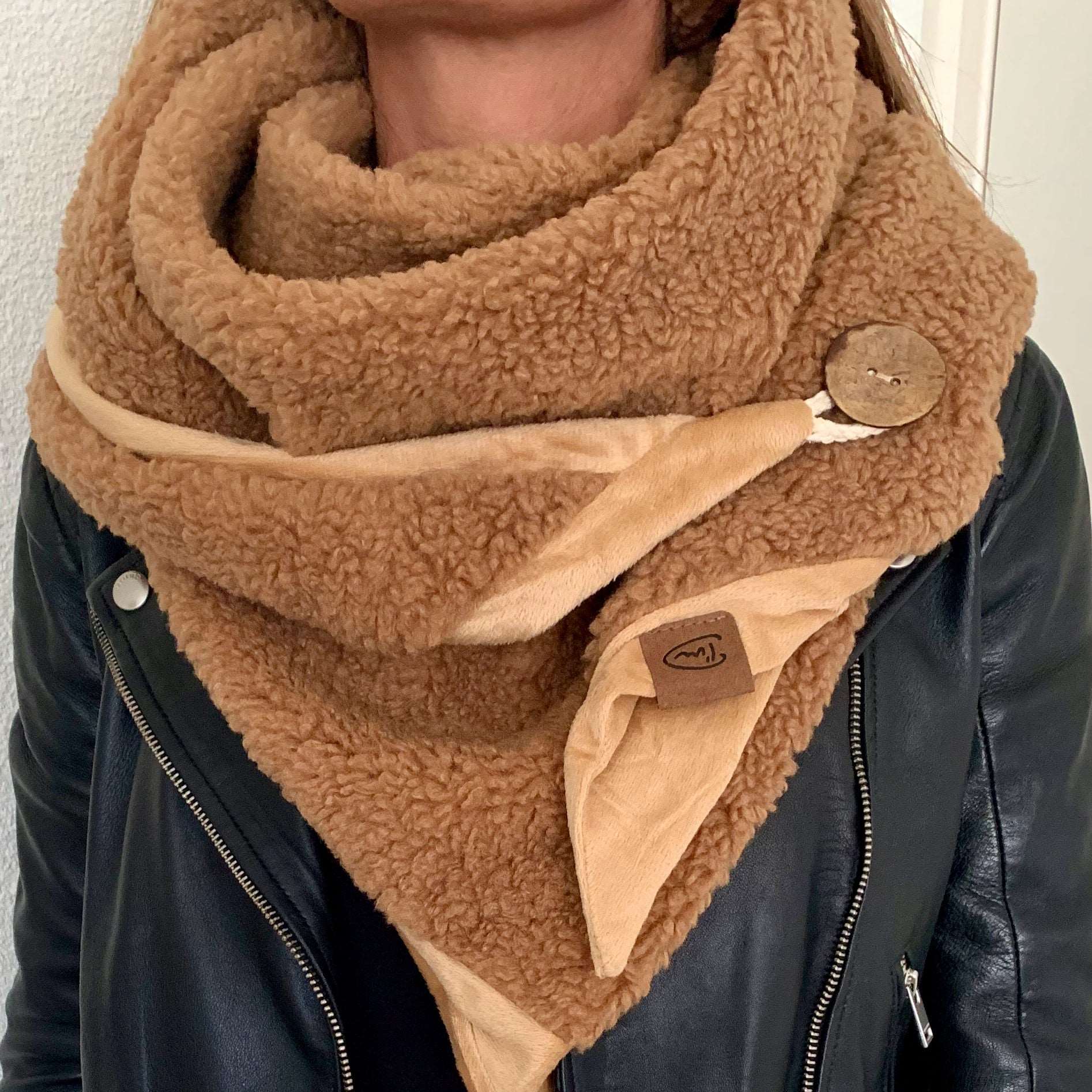 Sjaal met Teddy en Velours kant Camel