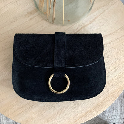 Schoudertas Maan suède leder Zwart Gouden ring