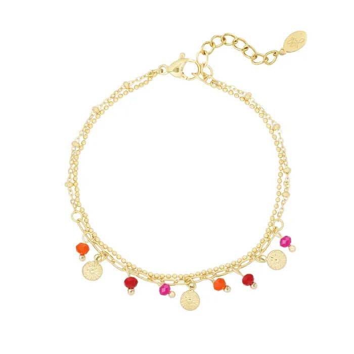 Dubbel armbandje met kraaltjes en muntjes Rood/Fuchsia/Goud
