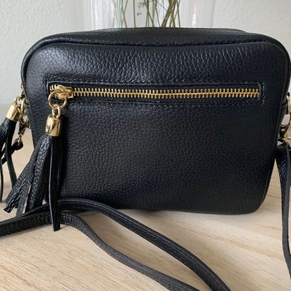 Lederen crossbody tas Zwart 'Tassel' gouden ritsje