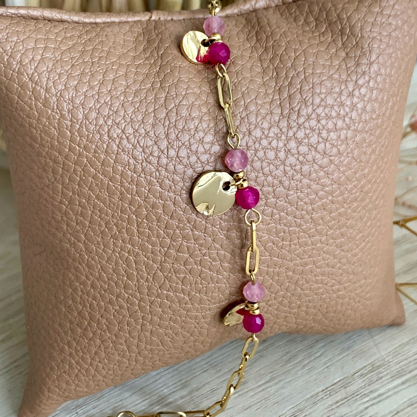 Armbandje schakelketting met coins en glaskralen-Fuchsia-Goud