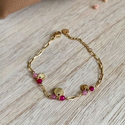 Armbandje schakelketting met coins en glaskralen-Fuchsia-Goud